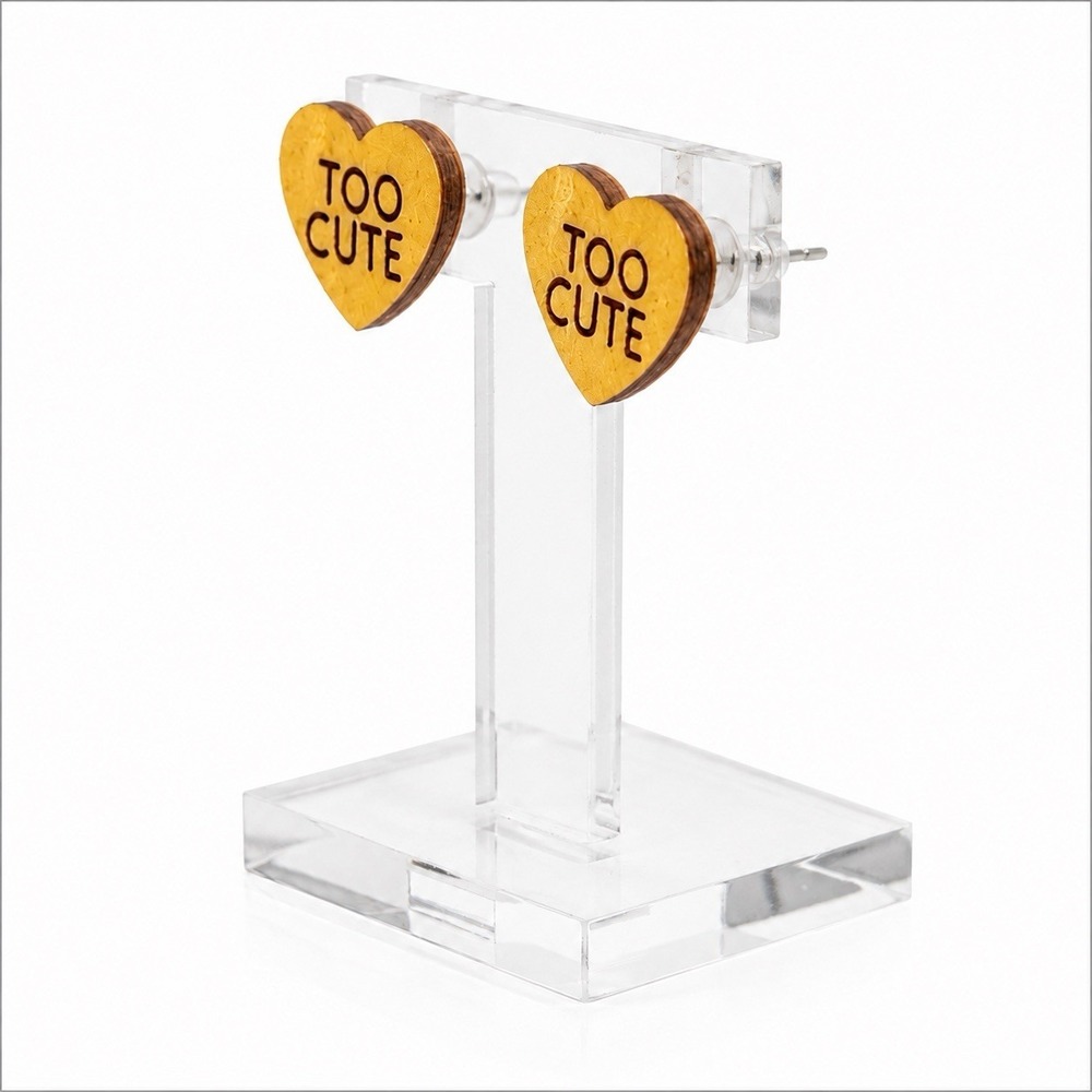 Yellow Conversation Hearts 'Too Cute' Wood Stud Earrings  Valentines Gift Love